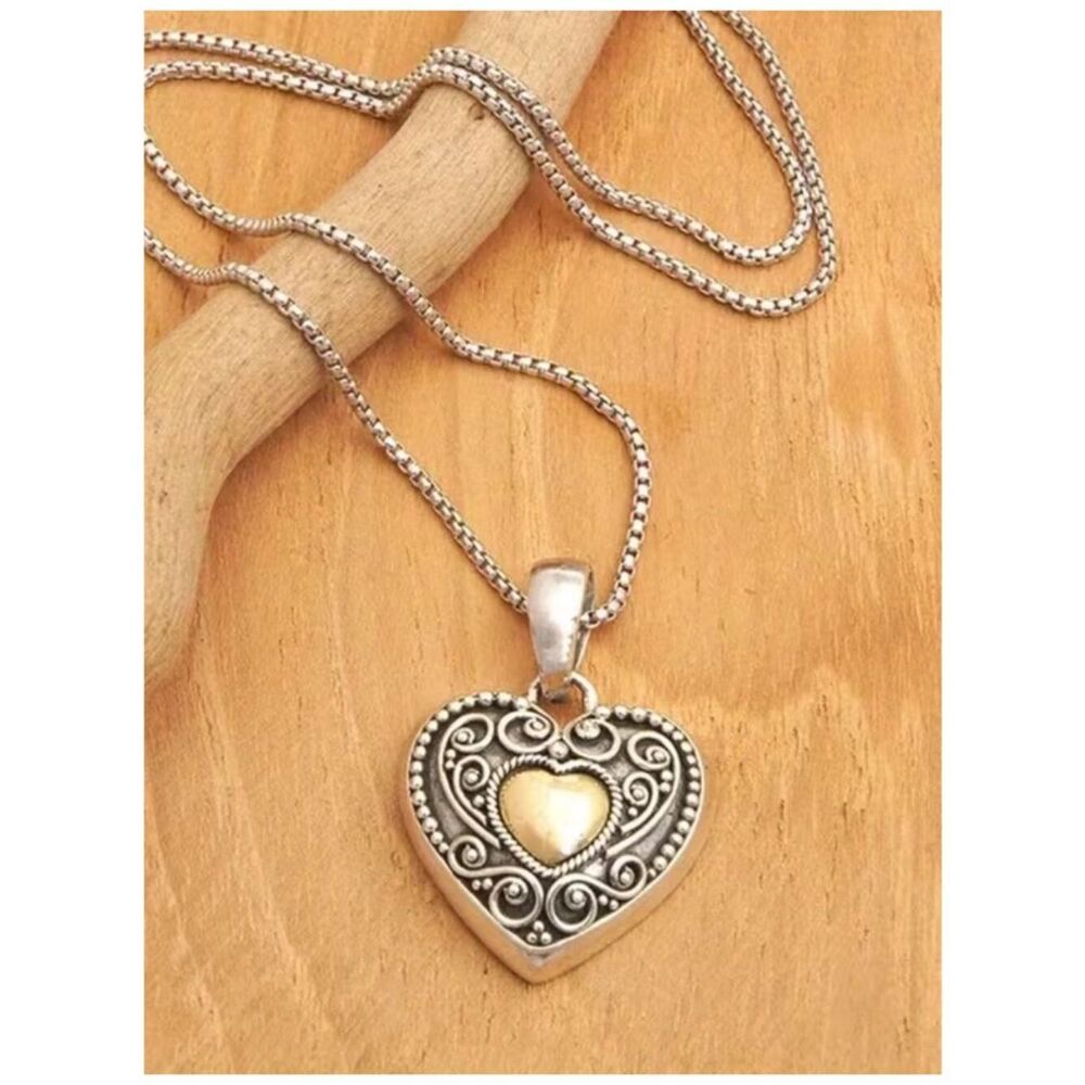 Bohemian Love Heart Pendant Necklace Two-Tone Coloring on Rounded Box Chain